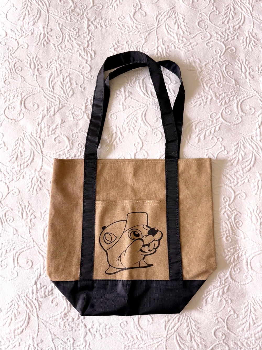 nwot bucees small canvas tote bag with front pocket in khaki + black